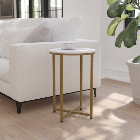 Hampstead Collection End Table - Modern White Marble Finish Accent Table With Crisscross Brushed Gold Frame